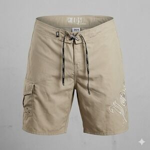 Lost Enterprises Men's Board Shorts Tan Khaki Cargo Pocket Embroidered Size 34
